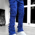Men’s Patched Stacked Jeans – Slim Fit Long Cotton Trousers