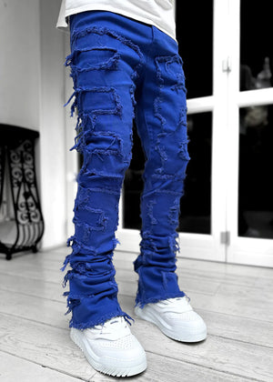 Men’s Patched Stacked Jeans – Slim Fit Long Cotton Trousers