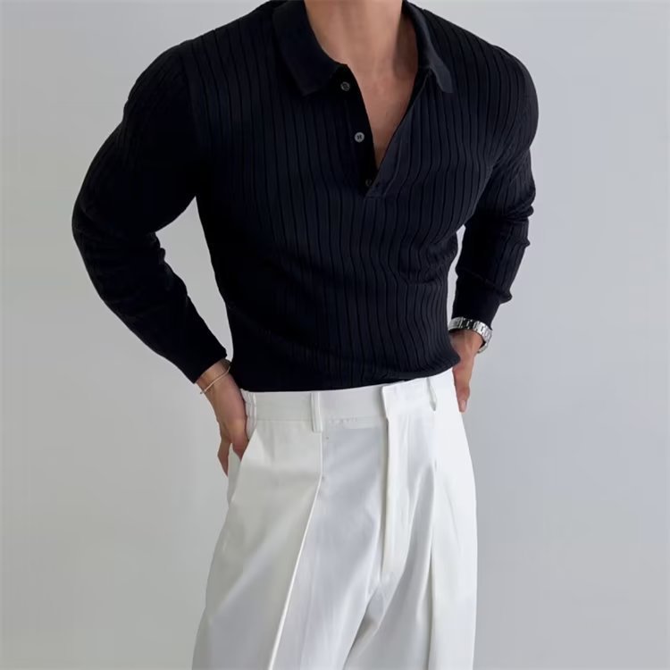 Men’s Lapel Button Long Sleeve Polo – Slim Fit Striped Knitted Shirt