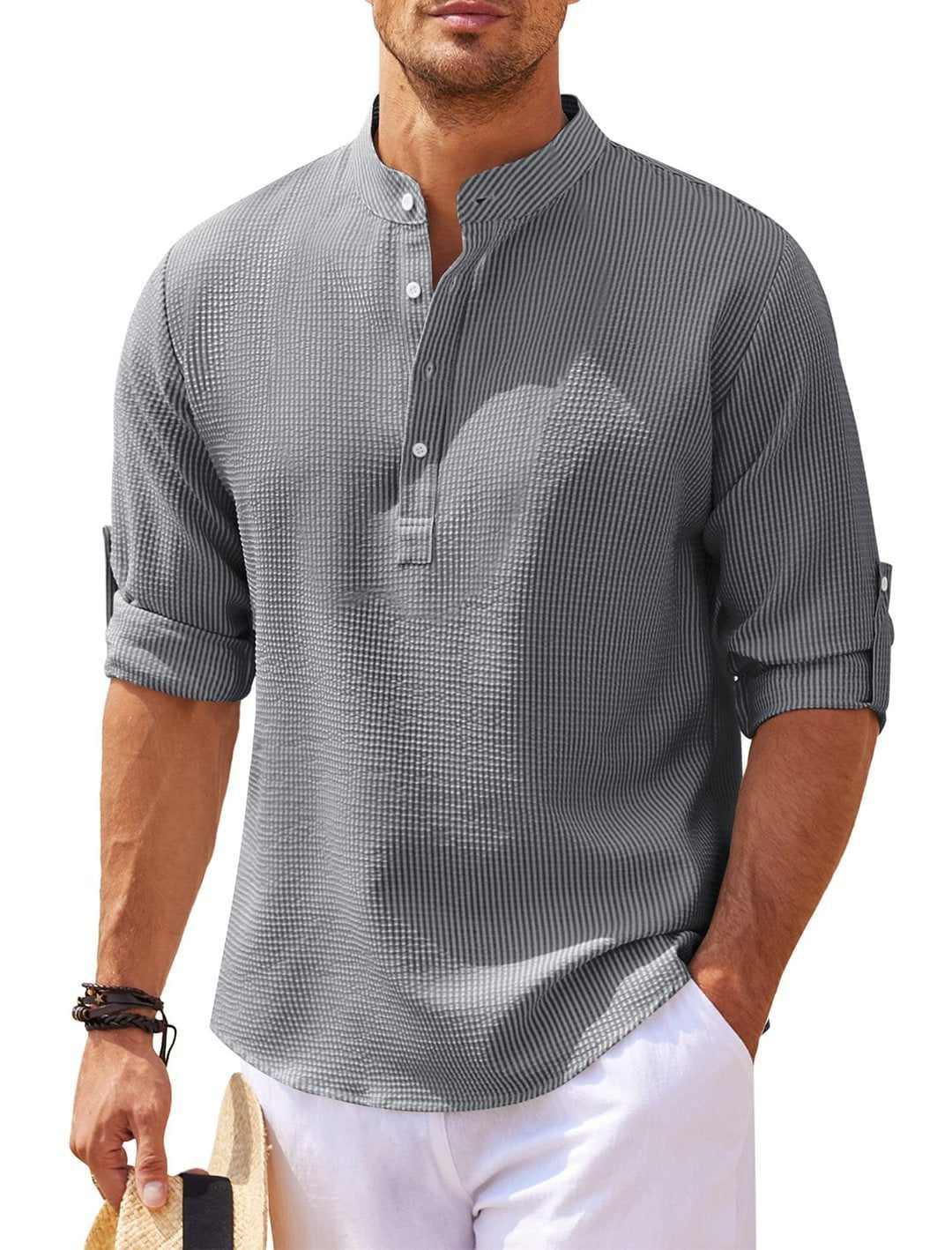 Men’s Casual Long Sleeve Shirt – Stand Collar Solid Color Top