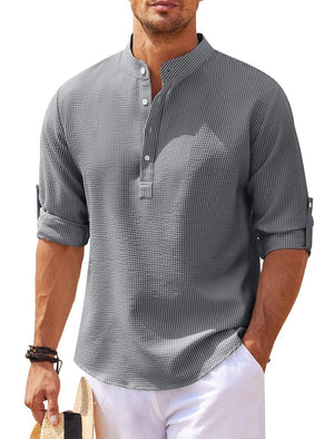 Men’s Casual Long Sleeve Shirt – Stand Collar Solid Color Top