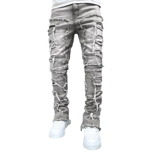 Men’s Patched Stacked Jeans – Slim Fit Long Cotton Trousers