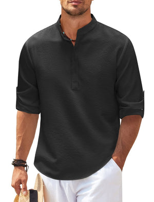 Men’s Casual Long Sleeve Shirt – Stand Collar Solid Color Top