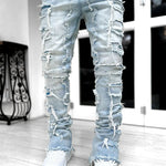 Men’s Patched Stacked Jeans – Slim Fit Long Cotton Trousers
