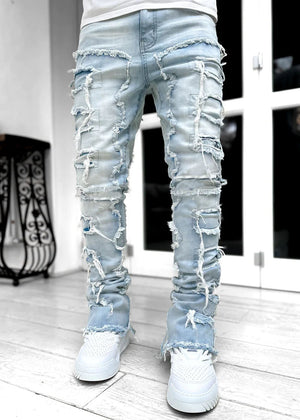 Men’s Patched Stacked Jeans – Slim Fit Long Cotton Trousers