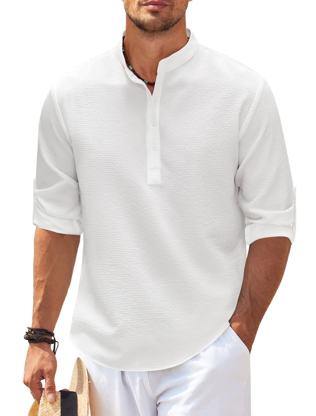 Men’s Casual Long Sleeve Shirt – Stand Collar Solid Color Top
