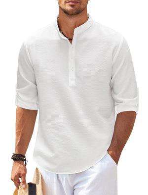 Men’s Casual Long Sleeve Shirt – Stand Collar Solid Color Top
