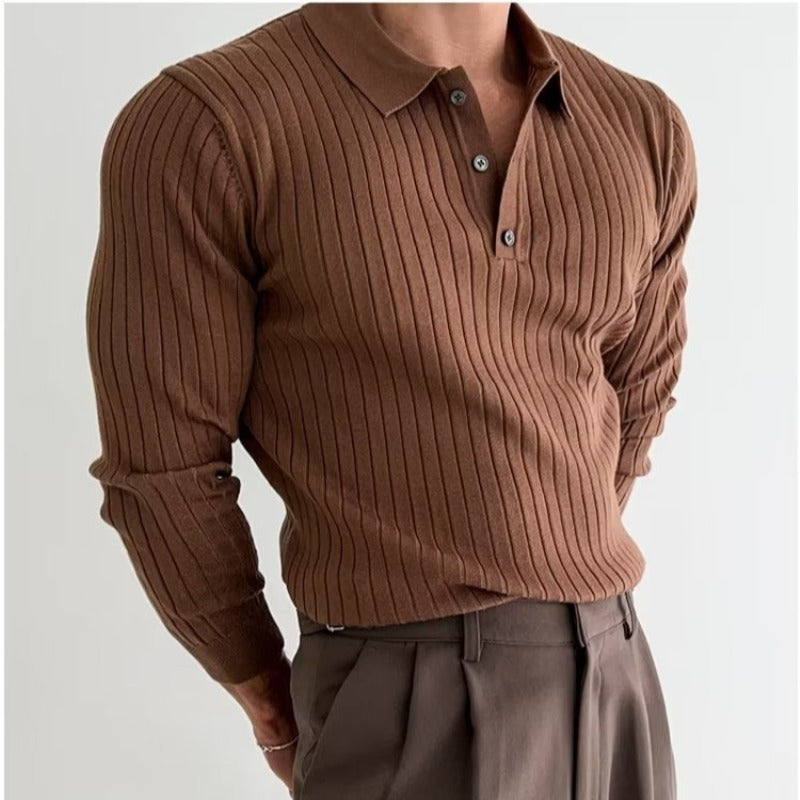 Men’s Lapel Button Long Sleeve Polo – Slim Fit Striped Knitted Shirt