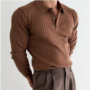 Men’s Lapel Button Long Sleeve Polo – Slim Fit Striped Knitted Shirt