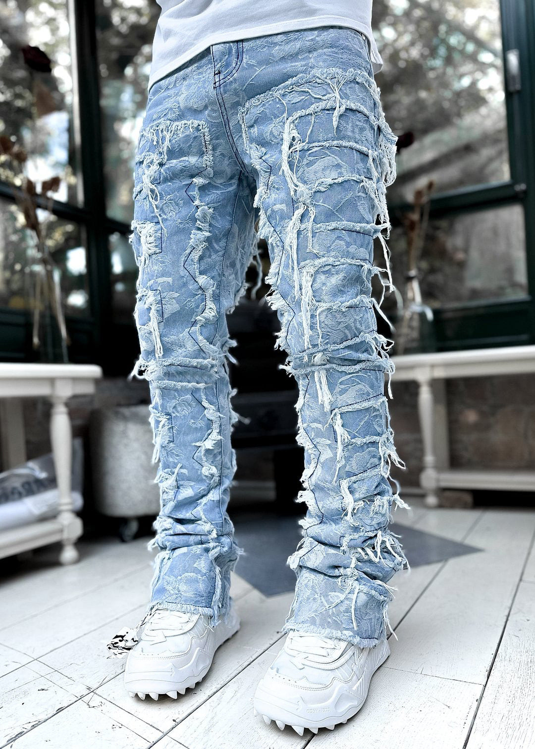 Men’s Patched Stacked Jeans – Slim Fit Long Cotton Trousers
