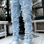 Men’s Patched Stacked Jeans – Slim Fit Long Cotton Trousers