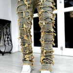 Men’s Patched Stacked Jeans – Slim Fit Long Cotton Trousers
