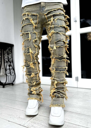 Men’s Patched Stacked Jeans – Slim Fit Long Cotton Trousers