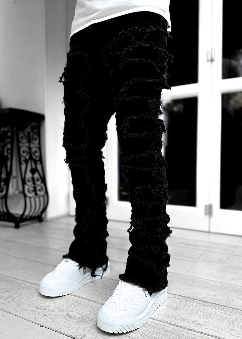 Men’s Patched Stacked Jeans – Slim Fit Long Cotton Trousers