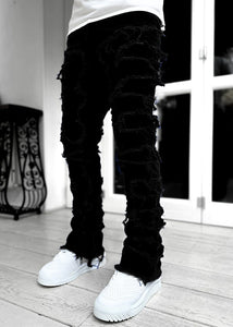 Men’s Patched Stacked Jeans – Slim Fit Long Cotton Trousers