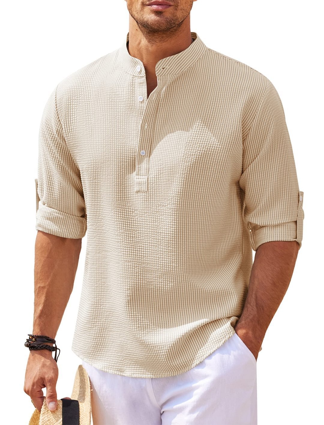 Men’s Casual Long Sleeve Shirt – Stand Collar Solid Color Top