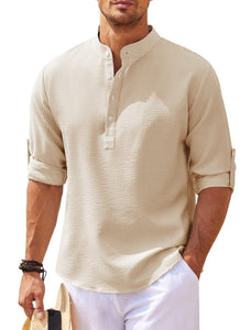 Men’s Casual Long Sleeve Shirt – Stand Collar Solid Color Top
