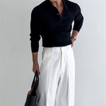 Men’s Lapel Button Long Sleeve Polo – Slim Fit Striped Knitted Shirt
