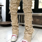 Men’s Patched Stacked Jeans – Slim Fit Long Cotton Trousers