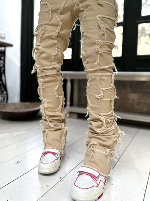 Men’s Patched Stacked Jeans – Slim Fit Long Cotton Trousers