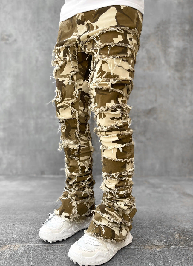 Men’s Patched Stacked Jeans – Slim Fit Long Cotton Trousers