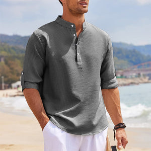 Men’s Casual Long Sleeve Shirt – Stand Collar Solid Color Top