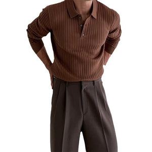Men’s Lapel Button Long Sleeve Polo – Slim Fit Striped Knitted Shirt