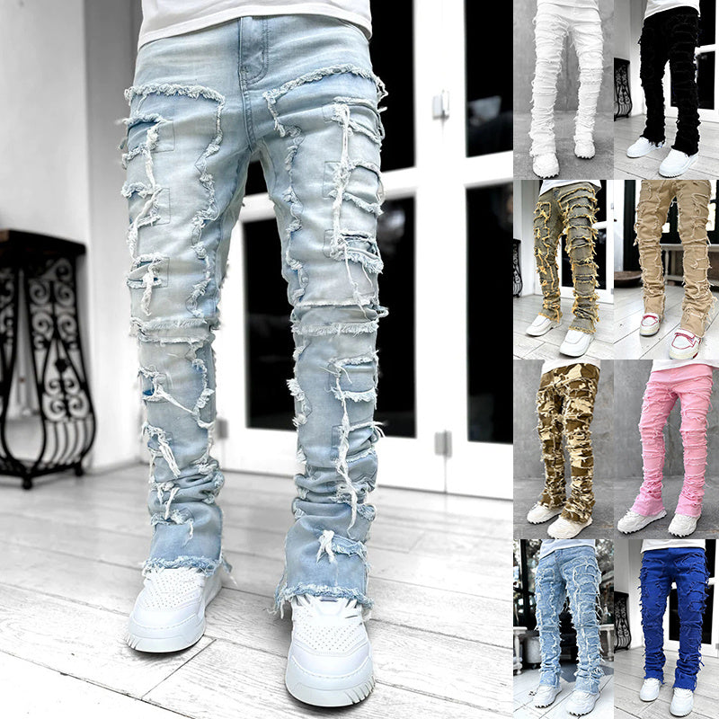 Men’s Patched Stacked Jeans – Slim Fit Long Cotton Trousers