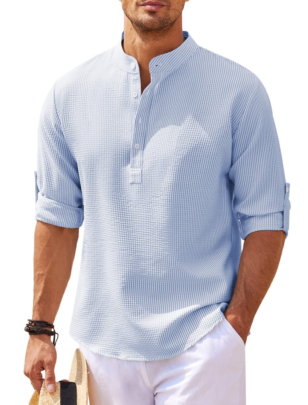 Men’s Casual Long Sleeve Shirt – Stand Collar Solid Color Top