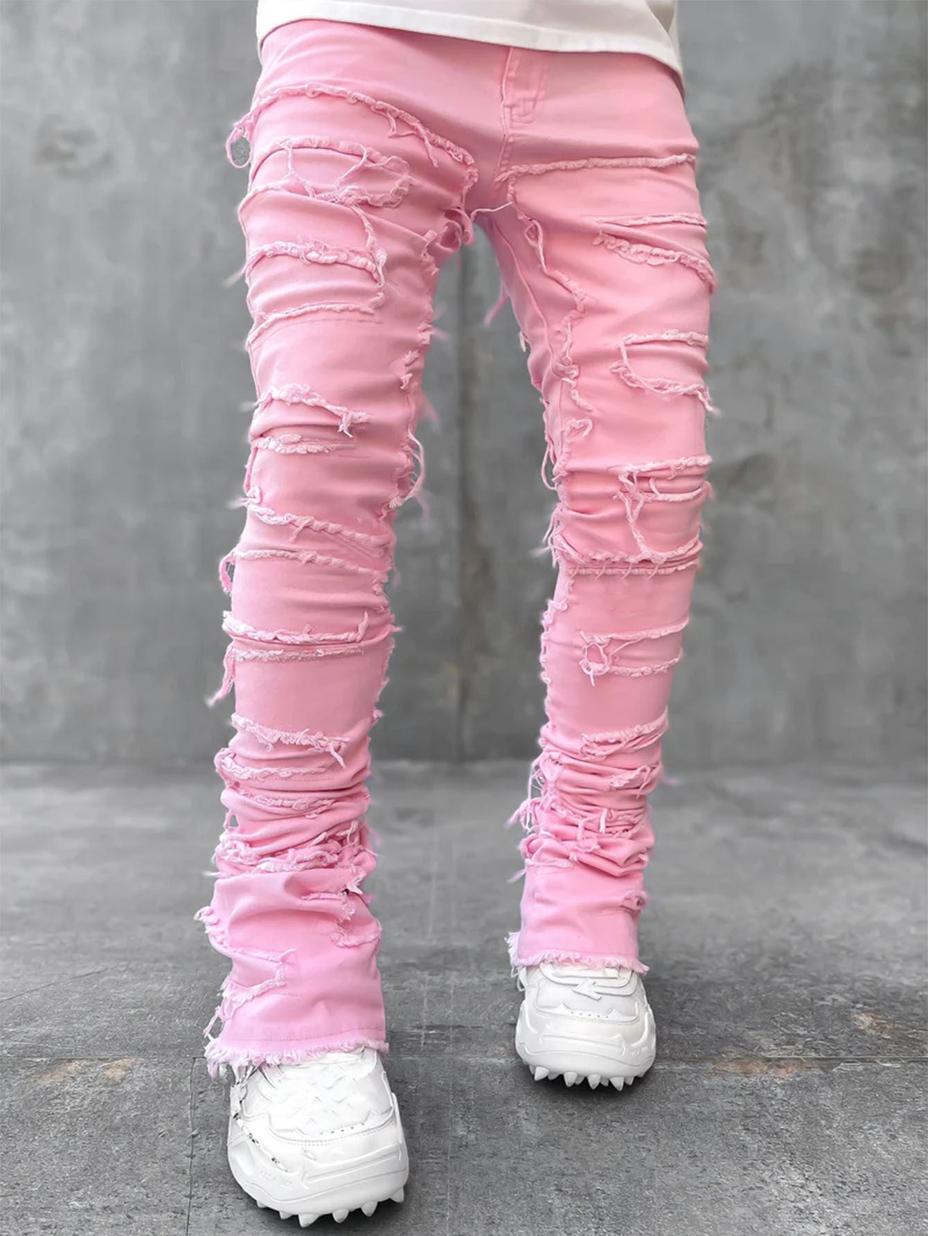Men’s Patched Stacked Jeans – Slim Fit Long Cotton Trousers