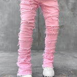 Men’s Patched Stacked Jeans – Slim Fit Long Cotton Trousers