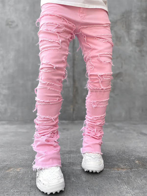 Men’s Patched Stacked Jeans – Slim Fit Long Cotton Trousers