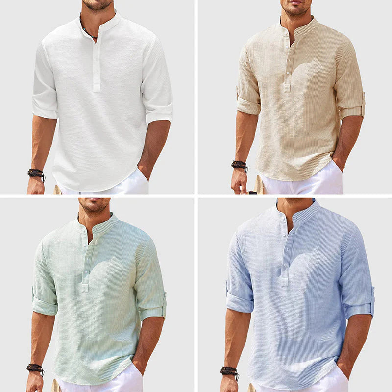 Men’s Casual Long Sleeve Shirt – Stand Collar Solid Color Top