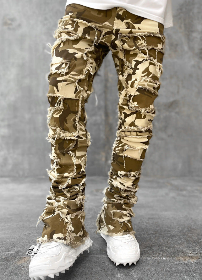 Men’s Patched Stacked Jeans – Slim Fit Long Cotton Trousers