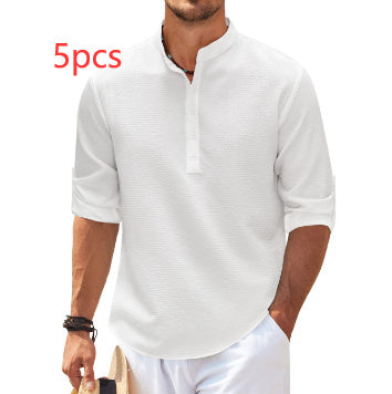 Men’s Casual Long Sleeve Shirt – Stand Collar Solid Color Top