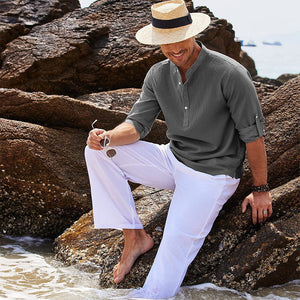 Men’s Casual Long Sleeve Shirt – Stand Collar Solid Color Top