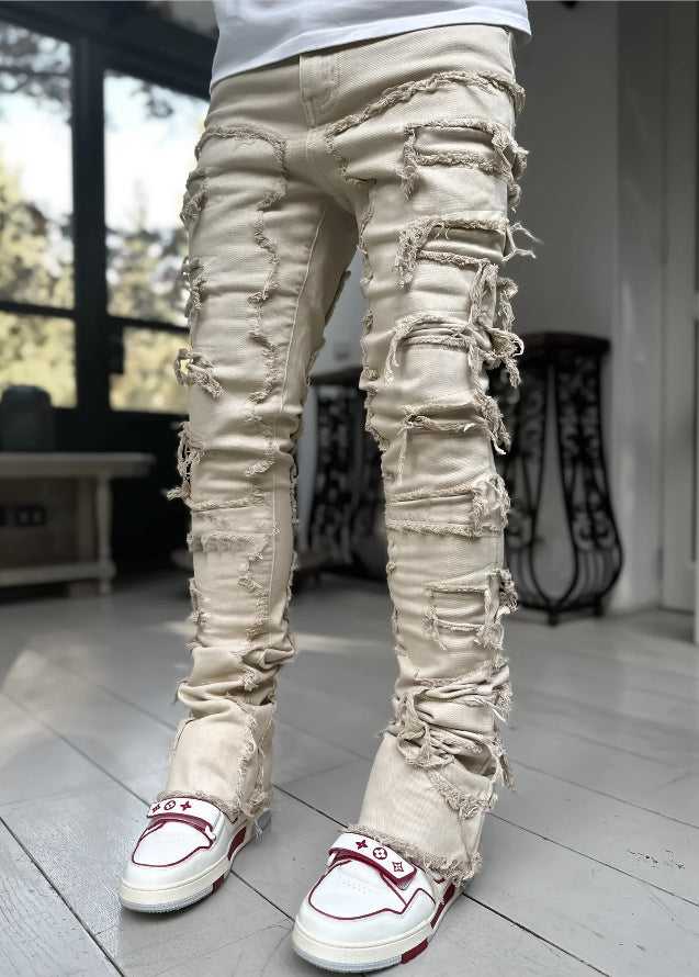Men’s Patched Stacked Jeans – Slim Fit Long Cotton Trousers