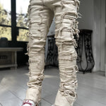 Men’s Patched Stacked Jeans – Slim Fit Long Cotton Trousers