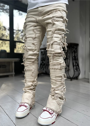 Men’s Patched Stacked Jeans – Slim Fit Long Cotton Trousers