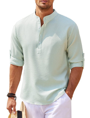 Men’s Casual Long Sleeve Shirt – Stand Collar Solid Color Top