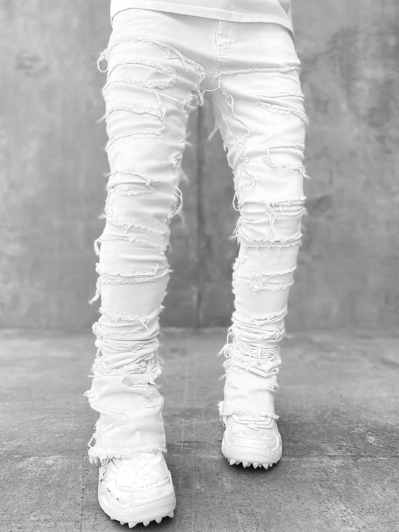 Men’s Patched Stacked Jeans – Slim Fit Long Cotton Trousers