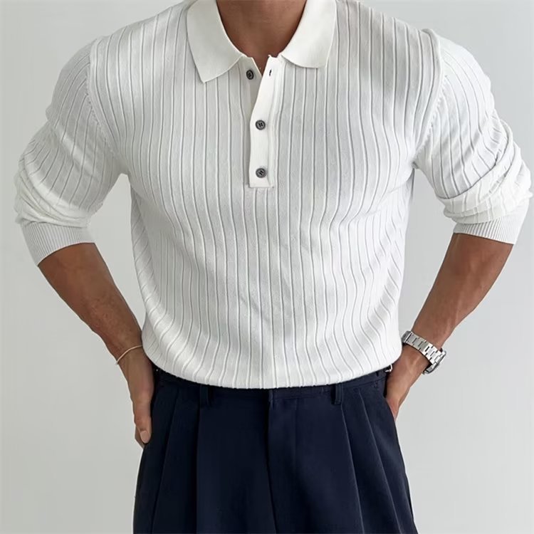 Men’s Lapel Button Long Sleeve Polo – Slim Fit Striped Knitted Shirt