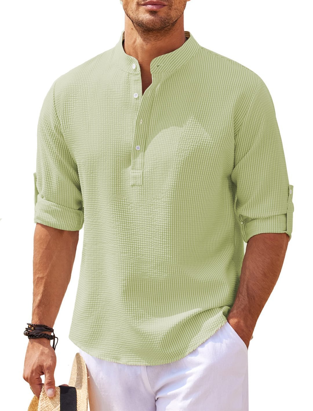 Men’s Casual Long Sleeve Shirt – Stand Collar Solid Color Top