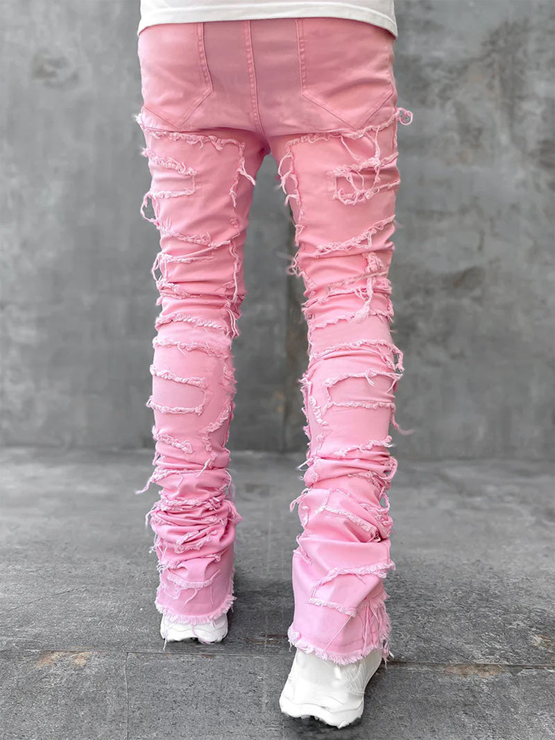 Men’s Patched Stacked Jeans – Slim Fit Long Cotton Trousers