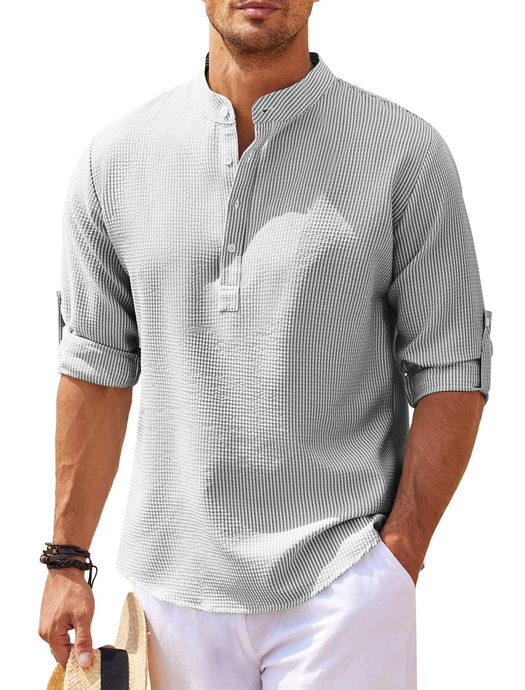 Men’s Casual Long Sleeve Shirt – Stand Collar Solid Color Top