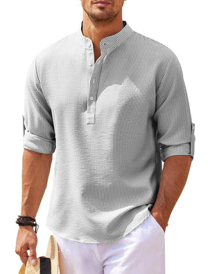 Men’s Casual Long Sleeve Shirt – Stand Collar Solid Color Top