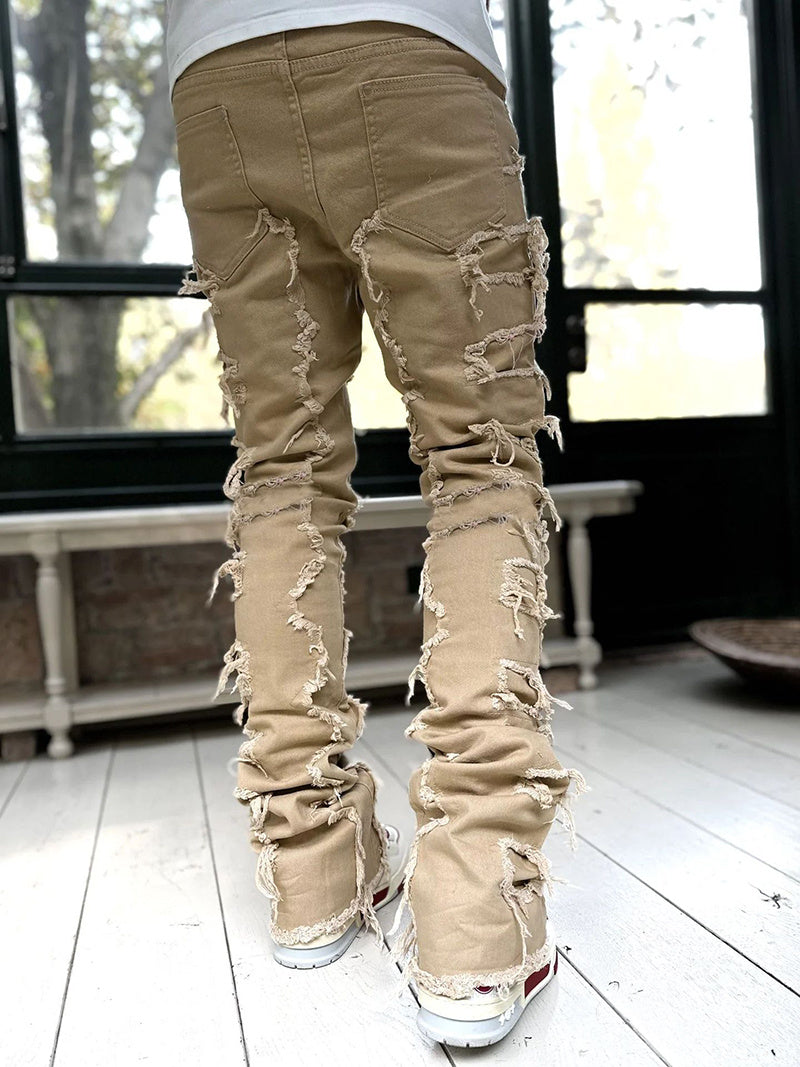 Men’s Patched Stacked Jeans – Slim Fit Long Cotton Trousers