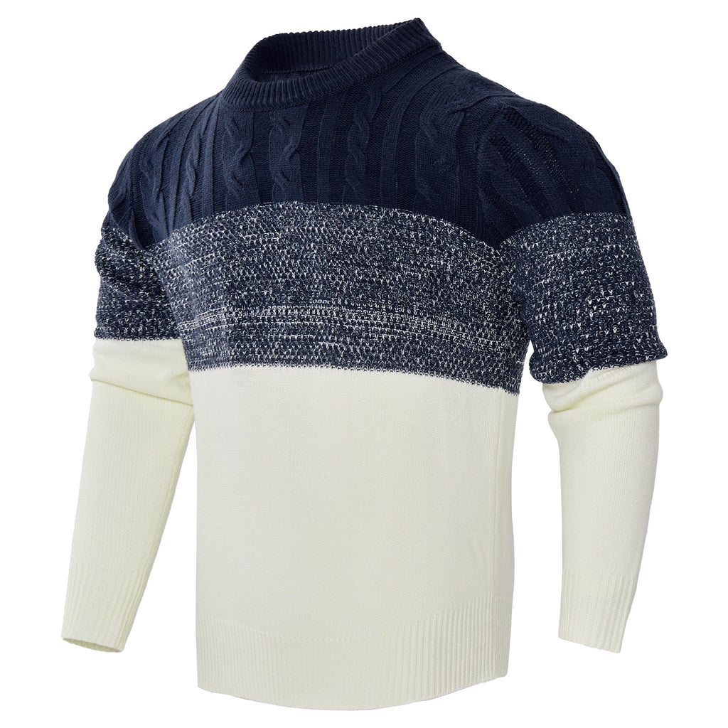 Alt text: Men’s color block cable knit pullover sweater front view
